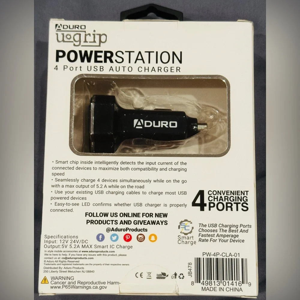 ADURO PowerStation 4 Port USB Auto Charger 5.2 Amp Output in Box Smart Charge
